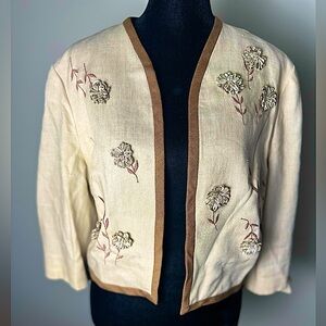 CARLYE Women’s XS/S Linen Woven in Ireland Open Front Floral Embroidered Jacket